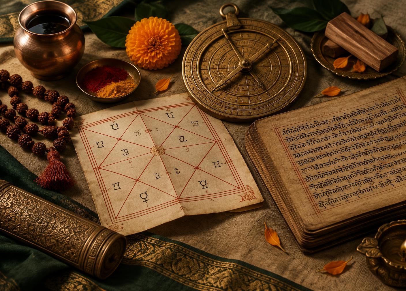 Vedic chart, astrolabe, manuscript and prayer beads